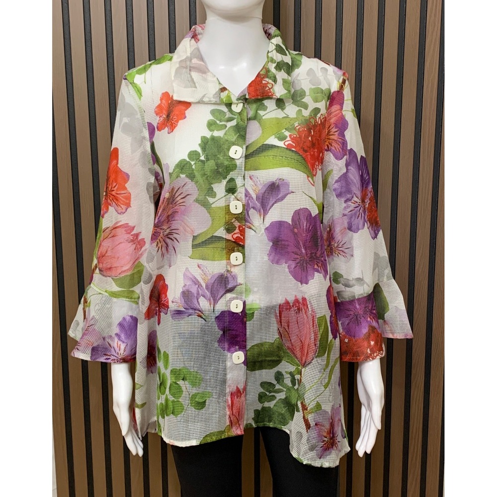 Ali Miles Floral Button Blouse Bell Sleeve White Purple Red Size M Lagenlook